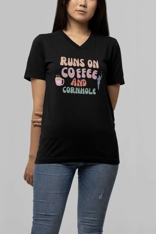Runs on coffee and cornhole v-neck tee